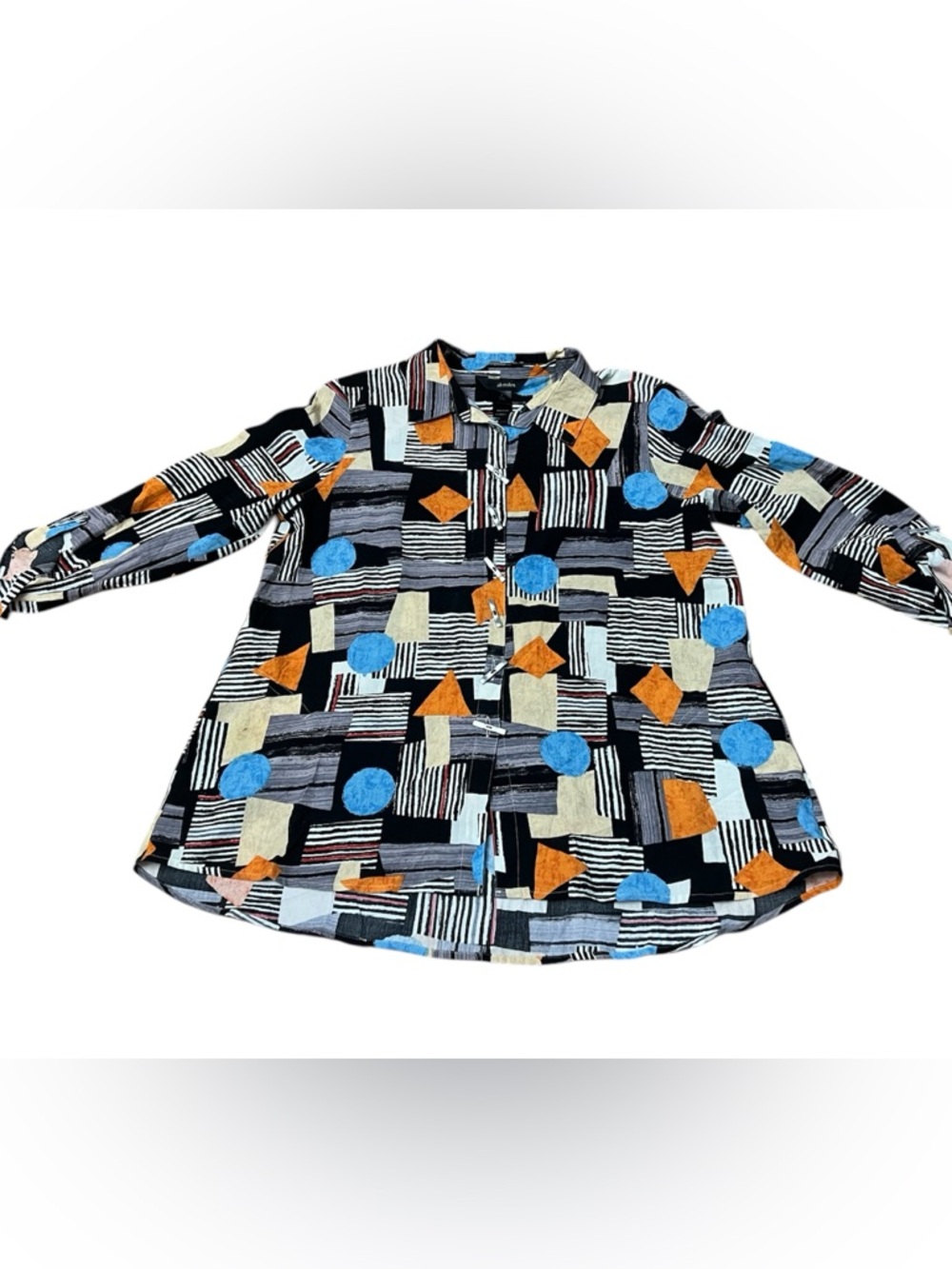 Ali Miles Geometric Print Button-Up Blouse in Black, Blue & Orange size large